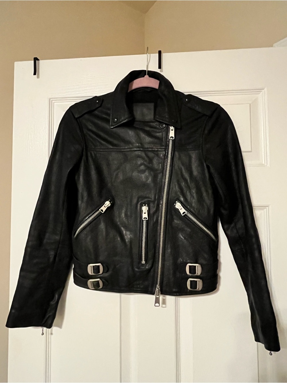 All Saints Black Leather Biker Jacket with Silver Hardware